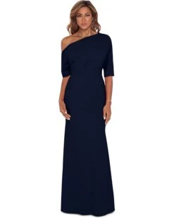 Betsy & Adam Long Scuba Crepe Over-the-Shoulder Gown