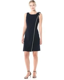 Karl Lagerfeld Paris Women's Solid Sheath Dress With Bow Shoulder And Pearls