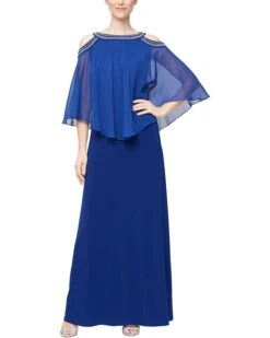 Alex Evenings Long Chiffon Cold-Shoulder Popover Dress