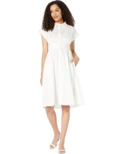 Maggy London Fit-and-Flare Belted Midi Dress With Collar & Placket