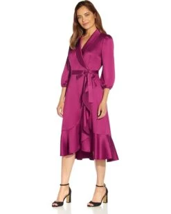 Adrianna Papell Satin Crepe Side Tie Wrap Dress With Cascade And Flounce