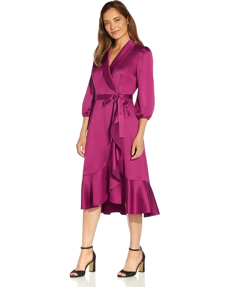 Adrianna Papell Satin Crepe Side Tie Wrap Dress With Cascade And Flounce 3 Adrianna Papell Satin Crepe Side Tie Wrap Dress With Cascade And Flounce