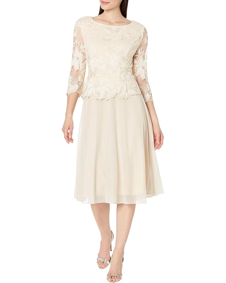Alex Evenings Tea Length Embroidered Dress With Illusion Sleeve And Scallop Detail Full Skirt 2 Alex Evenings Tea Length Embroidered Dress With Illusion Sleeve And Scallop Detail Full Skirt