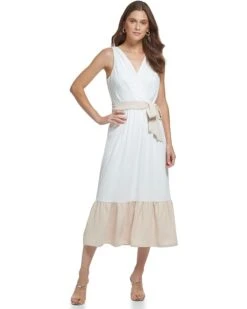 DKNY V-Neck Ruffle Hem Midi Dress