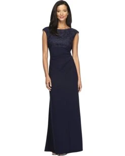 Alex Evenings Long Cap Sleeve Empire Waist Dress With Embroidered Lace Bodice