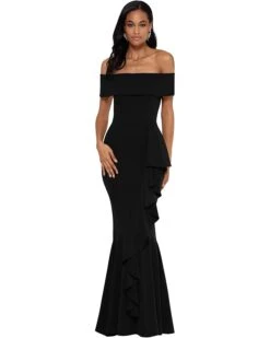 Betsy & Adam Long Over-the-Shoulder Cascade Ruffle Gown
