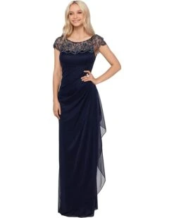 XSCAPE Long Sheer Matte Jersey Side Rouch Dress With Chunky Bead