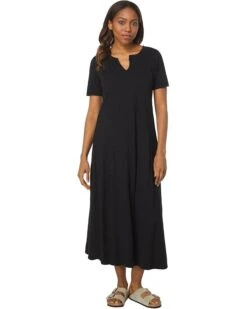 Mod-o-doc Slub Jersey 1/2 Sleeve Split-Neck Long Dress With Front Slit