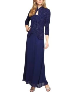 Alex Evenings Long Jacquard Knit Jacket Dress With Mandarin Collar Jacket