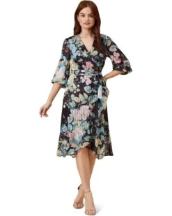 Adrianna Papell Printed Floral Chiffon Wrap Dress With Ruffle Hem
