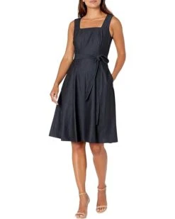 Calvin Klein Women's Sleeveless Square Neck Fit & Flare With Self Tie Belt Dress