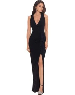 Betsy & Adam Long Jersey V-Neck Gown