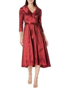 Alex Evenings 3/4 Sleeve Portrait Collar Dress With Full Skirt, Pockets And Tie Belt Detail