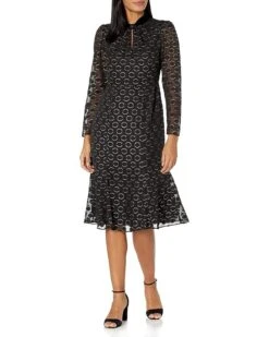Donna Morgan Women's Foiled Textured Polka Dot Keyhole Fit And Flare Dress
