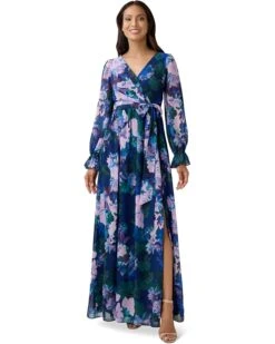 Adrianna Papell Long Sleeve Printed Chiffon Gown