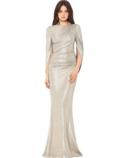 Betsy & Adam Long Metallic Rouch Drape Back Sleeve