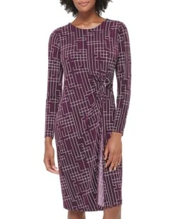 Calvin Klein Printed Faux Wrap Dress W/ Hardware
