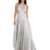 Betsy & Adam Long Halter Metallic Foil Print Gown -Aura Attire 81jEyUvUL9L. AC SR736920